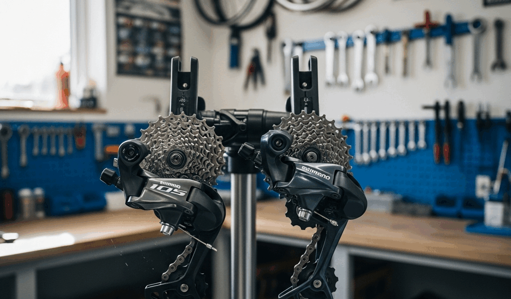 close up of shimano 105 and ultegra rear derailleurs side by 20260331 081708
