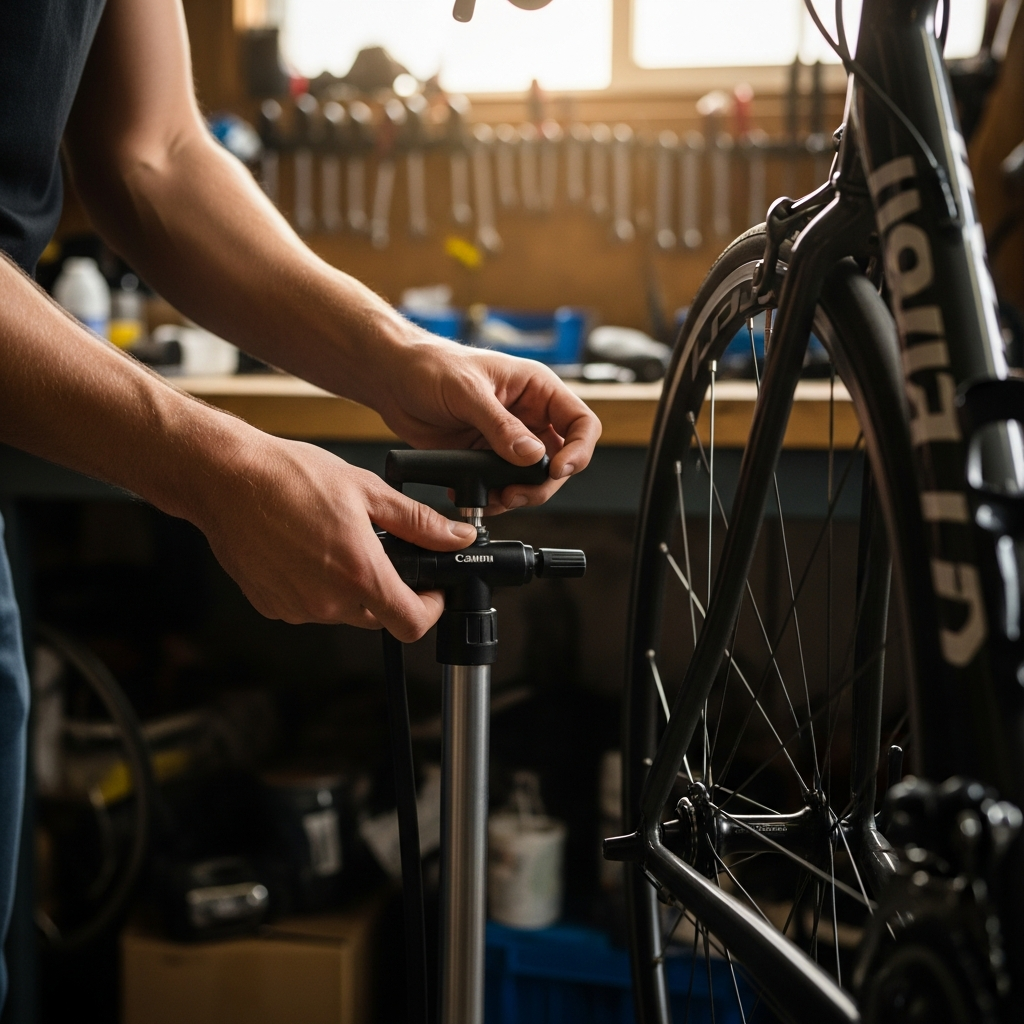 Cyclist attaching a floor pump to a Presta valve on a road bike wheel in a garage