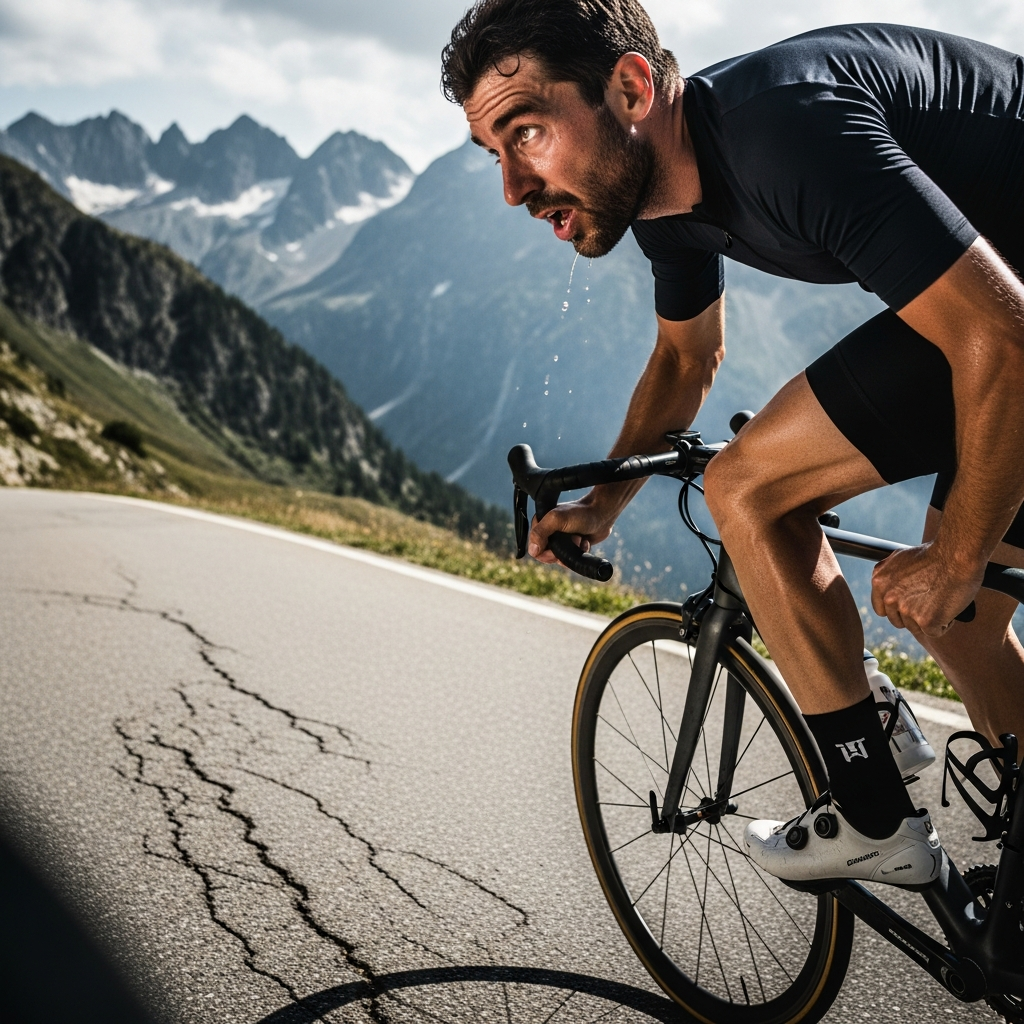 Cyclist riding a road bike uphill on a mountain road showing gear and drivetrain engagement