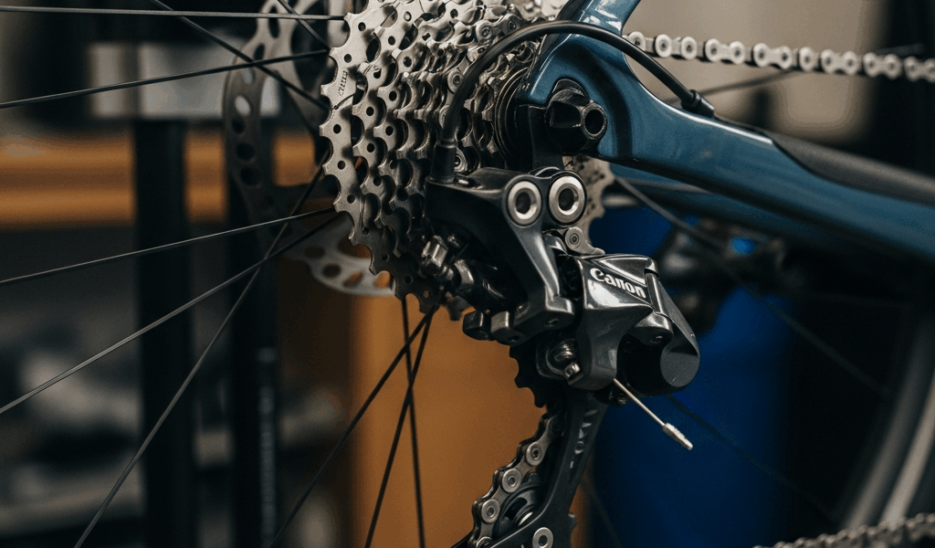 road bike rear cassette and derailleur close up showing gear 20260331 082413